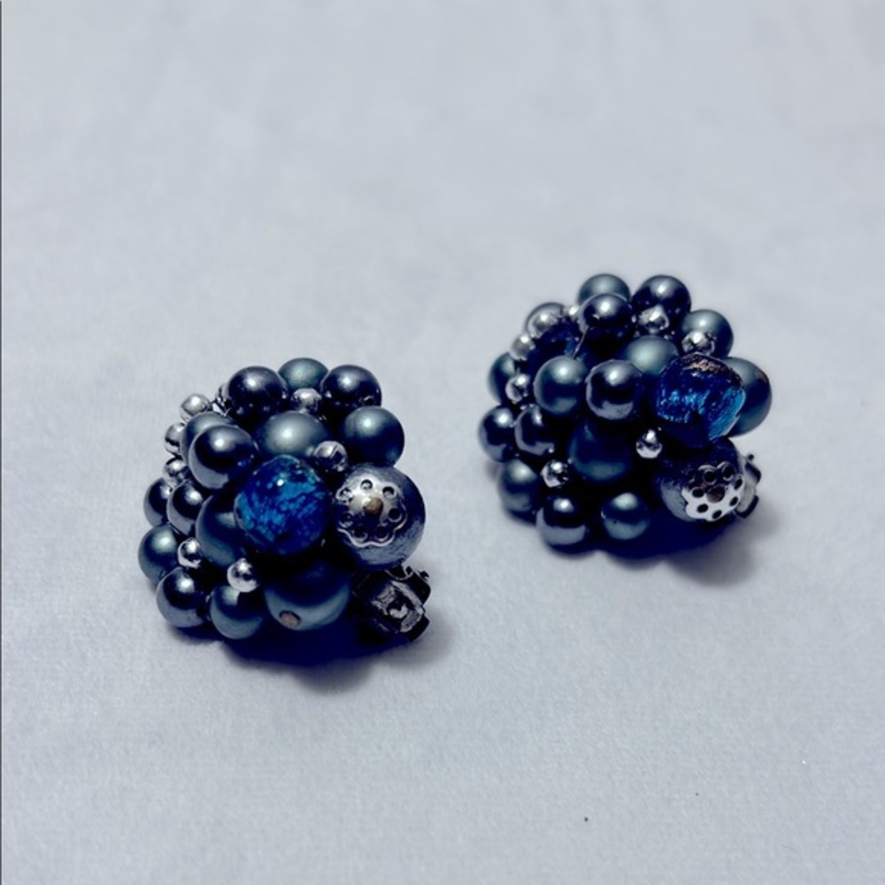 Vintage Silver and Blue Cluster Earrings RARE
